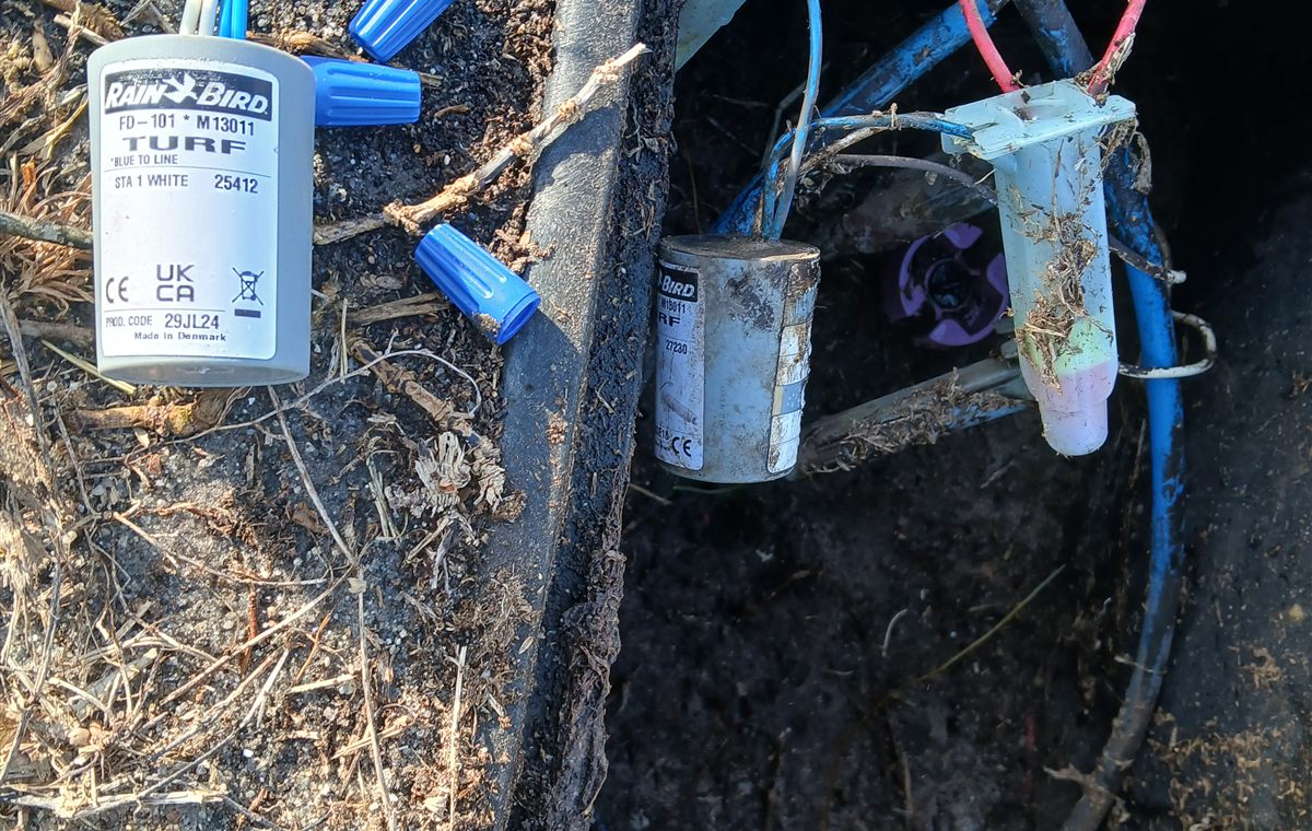 Real Rain Bird valve wiring repair in an irrigation valve box